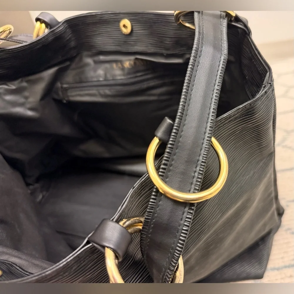 LANCÔME Y2K Vintage 90’s Rare Black Textured Epi Style Tote Handbag Gold Rings